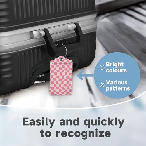 2 Pack Luggage Tag for Suitcase, Groovy Pink Checkerboard Leather Bag Tags Identifiers Privacy Cover ID Label with Durable Steel Loop for Women Men Kids Girls Travel4