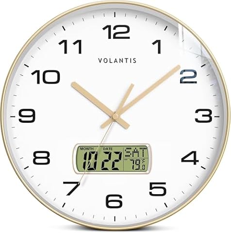 VOLANTIS 12 Inch Non-Ticking Silent Wall Clock with LCD Display Calendar Temperature