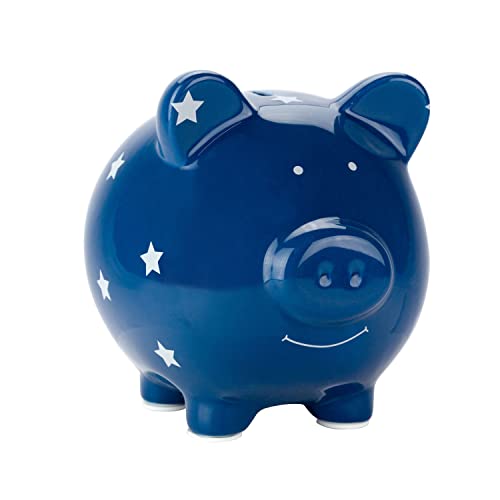 Image of Pearhead Ceramic Piggy Bank, Baby Money Bank Keepsake, Modern Gender-Neutral Nursery Décor, Gift for Baby Girl Or Baby Boy, Blue with White Stars