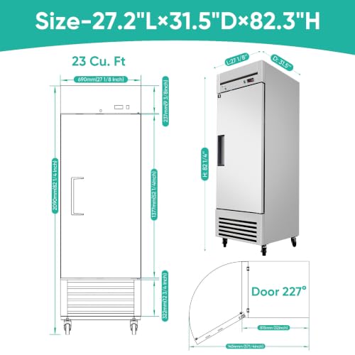 Image of COOLCHEF 27 inch Commercial Refrigerator, 23 Cu. Ft Stainless Steel Upright Reach-in Fridge, 33℉~40℉, 3 Adjustable Shelves