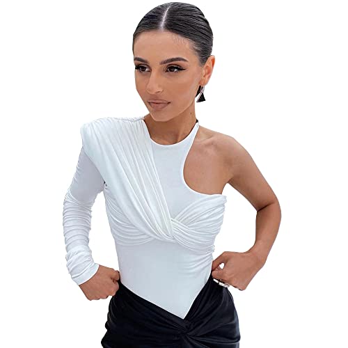 KOEMCY Body Mujer Manga Larga Sexy Bodies Vestir Sin Mangas Elegante Mono Jumpsuit Color Sólido Bodysuit Blusa Tops (Blanco,L)