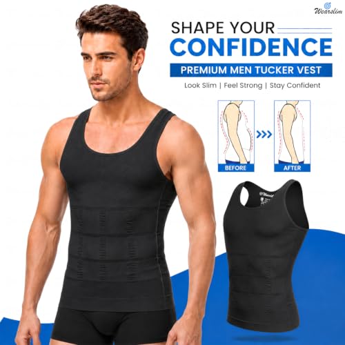 Image of Wearslim Men Compression Shirt For Workout Vest Abs Abdomen Slim Body Shaper Undershirt Slimming Shirt to Hide Gynecomastia Stretchable Tummy Tucker Vest - Pack of 2 - (Black & White)