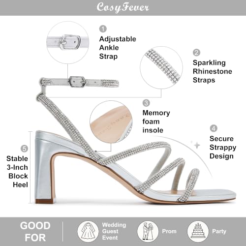 Image of CosyFever Women's Rhinestone Block Heels for Dressy Occasions, Strappy Ankle Strap Dress Heels, Square Toe Evening Heels for Wedding Guest, Prom, Party