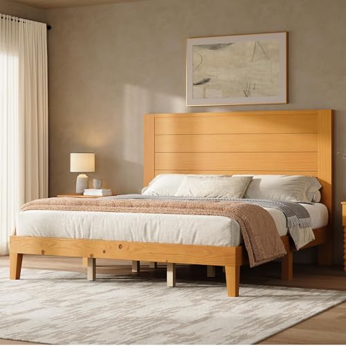 Image of AMERLIFE King Size Bed Frame with 48 inch Tall Headboard, Mid Century Modern Solid Wood Platform Bed with Silent Wood Slat System, No Box Spring Needed, Under-Bed Storage, Natural