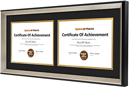Space Art Deco, 12X26 Black Picture Frame With Silver Beveled Edge - Black/Gold Double Mat For 8.5X11 Photo/Diploma Display - Sawtooth Hanger - Wall Mount - Shatter-Resistant Glass, Horizontal #TOP2