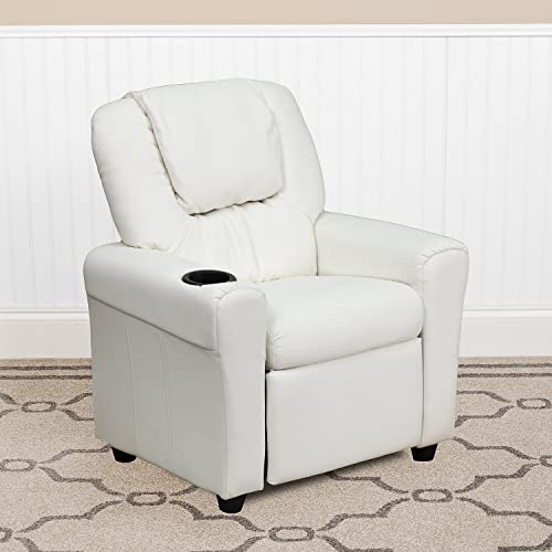 Image of Flash Furniture Vana Vinyl Kids Recliner with Cup Holder, Headrest, and Safety Recline, Contemporary Reclining Chair for Kids, Supports up to 90 lbs., White