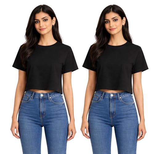 Image of Hangout Hub Women Crop Top T-Shirts | Round Neck Plain Solid Tshirts | Double Weaved | Shrink Free Tees | Casual T-Shirt for Woman Ladies Girls(Cotton|Pack of 3)
