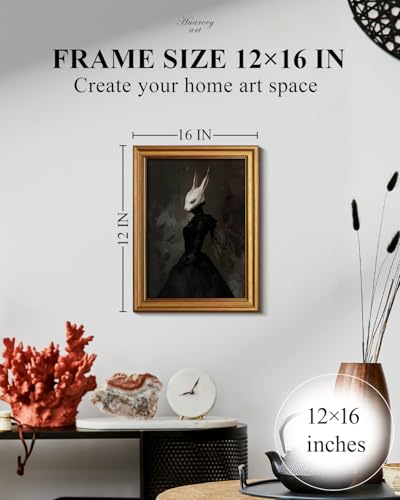 Image of HUARCEY Gold Framed Vintage Wall Art Canvas Prints Gothic Room Decor Vintage Rabbit Lady Wall Decor, Aesthetic Dark Academia Halloween Pictures Oil Painting Goth Decorations 12x16in