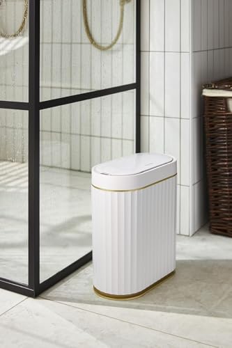 Image of jinligogo ELPHECO Plastic Touchless Trash Can, Small, Gold, Motion-Sensor, Rectangular, Bathroom, Bedroom, Kitchen, Office (Golden, 2 Gallons)