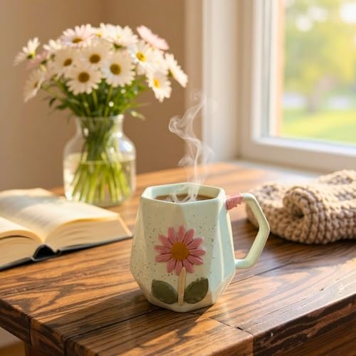 Image of Handmade Ceramic Mug 3D Daisy Flower Design Coffee Tea Cup 240 ml Gift for Coffee Lovers Kitchen Decor (Pink /Light Blue /Yellow /Grey) (Light Blue)