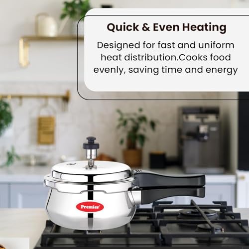 Image of Premier Aluminium Handi Pressure Cooker | Food Grade Aluminium | ISI Certified | Outer Lid | Extra Thick Base | Multiple Safety System | Gas Stove | 1.5 Litre