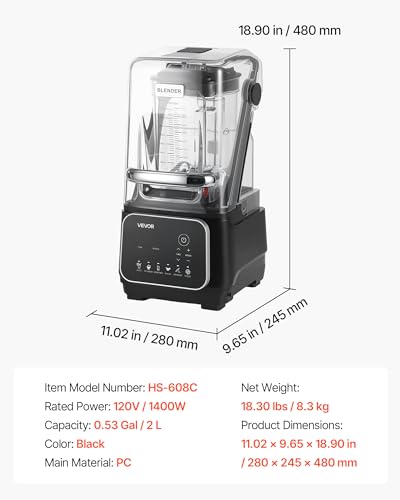 Image of VEVOR Blender, 68 oz Professional Countertop Blenders with Shield, 2200W 26000RPM Kitchen Food Processor Combo, Self-Cleaning, Speed Adjustable, 6 Preset Menu for Smoothies, Ice Crushing, Puree, Black