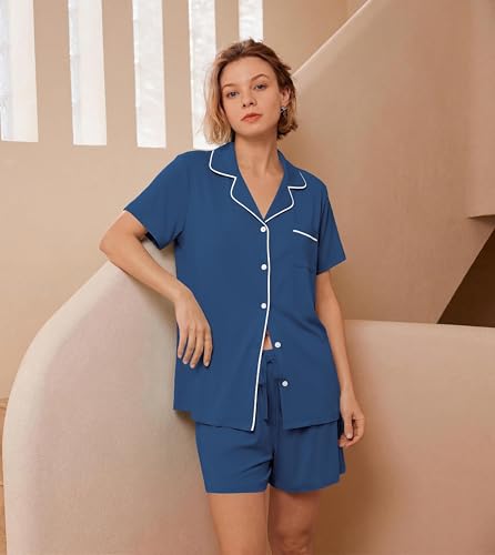 Image of Ekouaer Womens Pajamas Set Soft Classic Notch Collar Bride Pjs Comfy Short Sleeve Sleepwear Loungewear