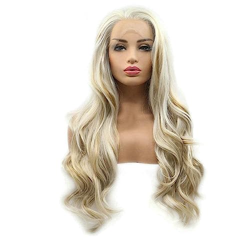 Perruque blonde lace frontal ondulée en cheveux synthétiques thermorésistants pour femme 61 cm