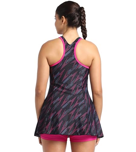 Image of Speedo Women's Endurance Hyperboom Printed Racerback Swimdress with Boyleg - Black & Electric Pink
