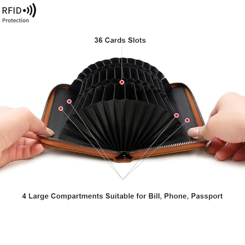 Women's 36 Slots Wallet with Detachable Wrist Strap - RFID-Blocking Extra Capacity Accordion Zipper Purse (Brown)2
