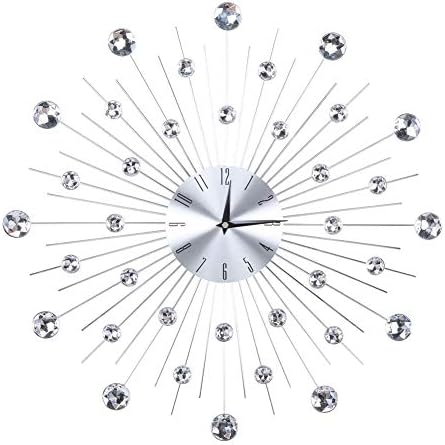 20 Inch Wall Clock Modern 3D Crystal Wall Clock Sparkling Metal Silver Flower Wall Clock Round Unique Design Living Room Bedroom Decoration Gift