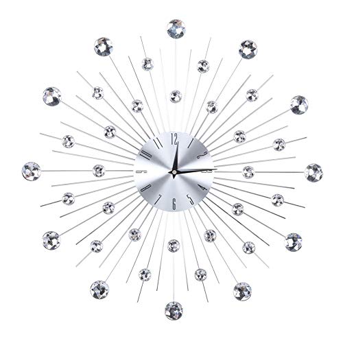 20 Inch Wall Clock Modern 3D Crystal Wall Clock Sparkling Metal Silver Flower Wall Clock Round Unique Design Living Room Bedroom Decoration Gift #TOP1