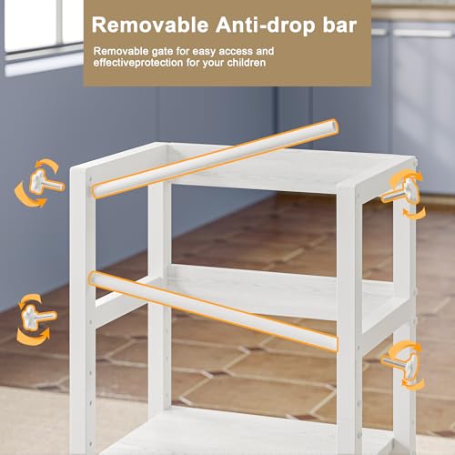 Image of INNOD Kitchen Step Stool for Toddlers, Height Adjustable Toddler Tower with Safety Rail, Steel and Wood Toddler Kitchen Stool Helper Kids, Stool for Kids, Learning Tower, Kids' Desk White