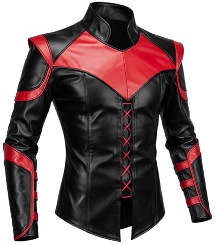 Veste en cuir noir et rouge homme ajustée style motard punk gothique