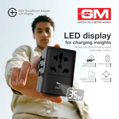 Image of GM G+ 35W TravelSmart with LED Display | All-in-One International Travel Adapter for US, UK, EU, AU | 5-in-1 Multiplug with Multiple Charging Ports | Shows the Charging Wattage of Device's Power Usage