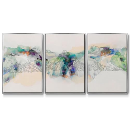 Renditions Gallery Abstract Wall Art Mountains Watercolor Painting Modern Minimalist Artwork Silver 3 Pieces of Framed Canvas Prints Wall Decorations for Bedroom and Living Room 16x24 Inch LS008