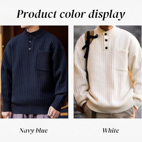 Men's Fall Winter Chunky Knit 4/1 Button Solid Sweater Knit Henley Long Sleeve Ribbed Pullover4