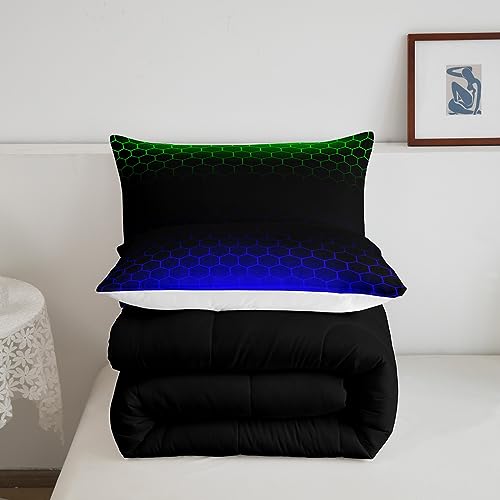 Image of Feelyou Ombre Honeycomb Comforter Set Queen, Green Blue Ombre Hexagon Bedding Set Beehive Hexagon Comforter Kids Toddler Stereoscopic Duvet Set with 2 Pillow Case