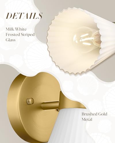Image of Modern Wall Sconce Set of 2, HWH 2-Light Up Down Wall Light Indoor Vanity Wall Lamp, Brushed Gold Bathroom Vanity Sconce Frosted White Striped Glass Shade, 5HZG97B-2W-2PK BG