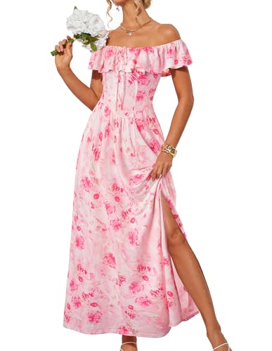 GRACE KARIN Spring Dresses for Women 2025 Off Shoulder Wedding Guest Dress Casual Beach Dress Pink White XXL