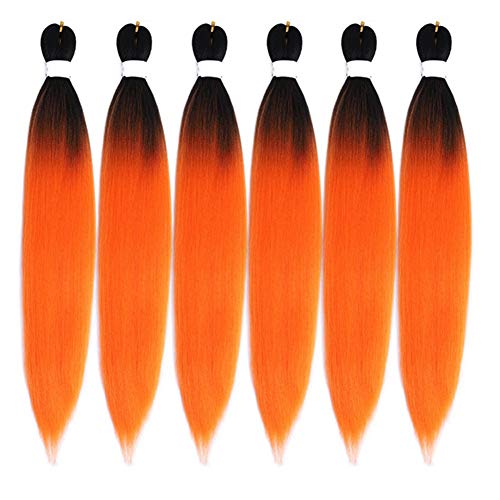 Pre Stretched Braiding Hair 6 Packs 24 Inch Yaki Synthetic Ombre Orange Color Professional Braiding Hair Extensions for Crochet Braids Twist Hair(1B/Orange)