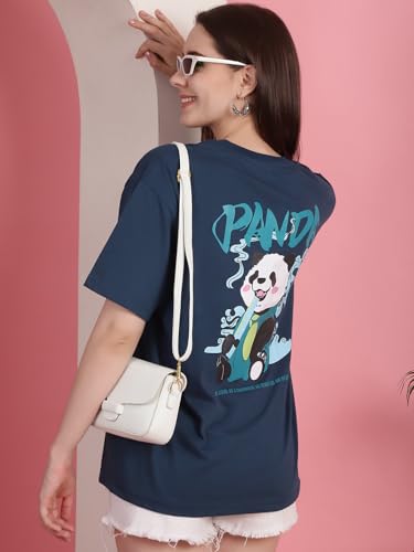 Image of Preneum Women's Cotton Graphic Printed Baggy Fit Drop-Shoulder Sleeves Cotton Oversized T-Shirt || Round Neck || Half Sleeve