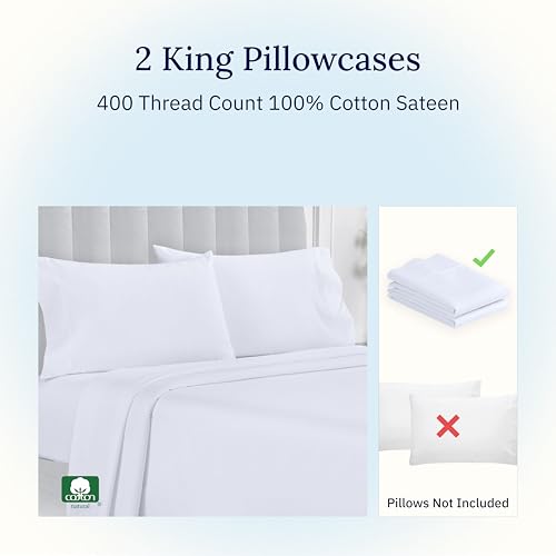 Image of California Design Den King Size Pillowcase Set - 400 Thread Count, 100% Cotton Sateen, Set of 2 Pillow Covers, Soft and Breathable - Bright White