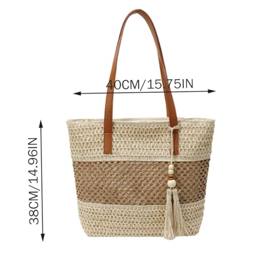 StaZamor Sac fourre-tout de plage en paille tissée à blocs de couleurs avec sangle et pompon en cuir, fourre-tout d'été léger pour le quotidien, les vacances, le shopping, beige – vue 6