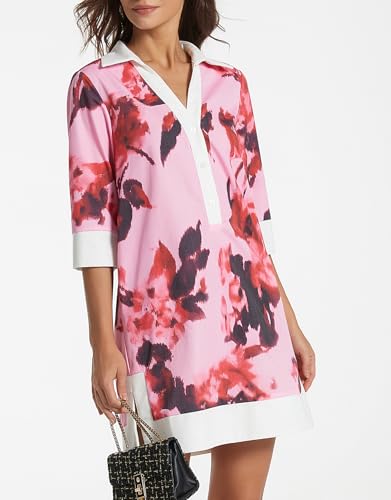 Image of Kedera Women Button Shirt Dress V Neck Short Sleeves Summer Casual Work Shift Tunic Dress with Pockets