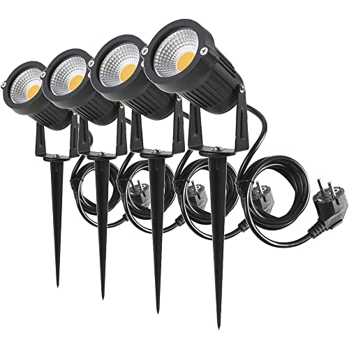 4er Set 5W LED Strahler mit Erdspieß, 1.5m Kabel mit Stecker, Led Garten Beleuchtung, Gartenleuchte Gartenstrahler Rasenstrahler IP65 Wasserdicht für Outdoor Hof Rasen Cover