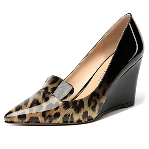 ROSERWISH Womens Casual Fashion Patent Sexy Pointed Toe Slip On Wedge High Heel Pumps Dress Shoes 3.5 Inch