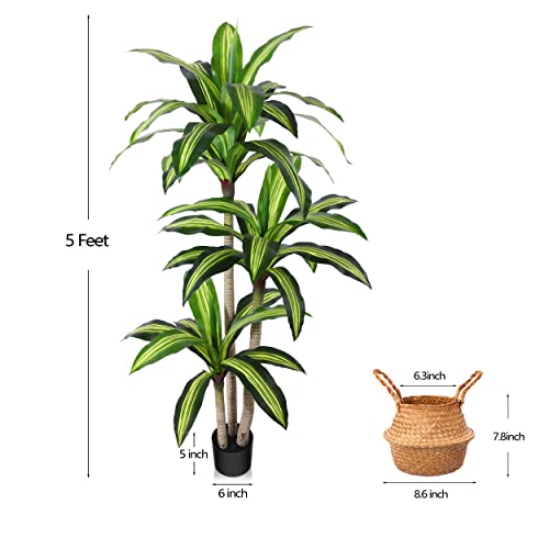 Ferrgoal Artificial Plants, 5 Ft Dracaena Tree Faux Plants Indoor Outdoor Decor Fake Tree With Woven Seagrass Basket Plants For Home Decor Office Living Room Porch Patio Perfect Housewarming Gift #TOP1