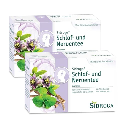 Sidroga Schlaf- und Nerventee – Beruhigender Arzneitee bei nervöser Unruhe & Schlafstörungen - mit Baldrian, Melisse, Passionsblume & Pfefferminze - 2x 20 Teebeutel à 2 g