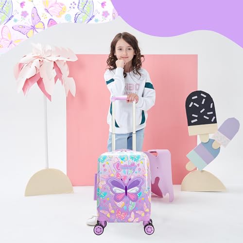 Image of Kids Luggage with Spinner Wheels Carry on Suitcases for Girls 2 Piece Luggage Sets 16 inch Toddler Suitcase for Kids Rolling Suitcase Airline Approved (Purple Butterfly)