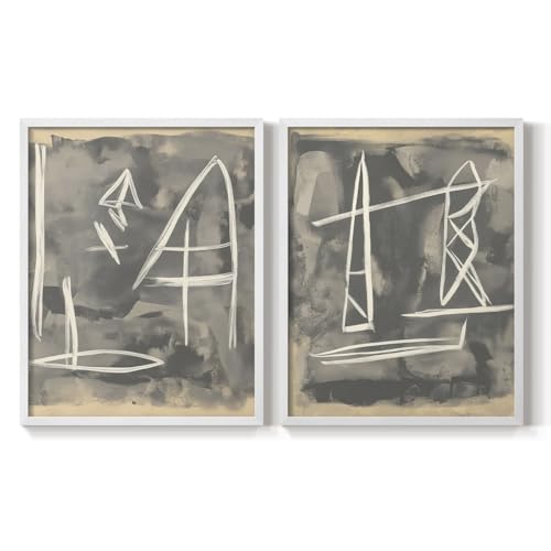 Renditions Gallery Set of 2 Peel & Stick Framed Prints, Abstract Wall Art, Muted Tones With Geometric Outlines Wall Decor, Re-Stickable - Ready to Hang - 11"x14" - White Frame LT608