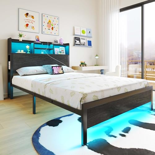 Image of Rolanstar Twin Bed Frame with Storage Headboard & Side Shelf, Metal Platform Bed with Charging Station, LED Single Bed, No Box Spring Needed, Easy Assembly, Black