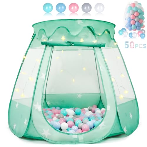 Image of Baby Ball Pit for Toddler with 50 Balls, Pop Up Tent Kids with Star Lights for 1 2 3 Year Old Birthday Gift, 12-18 Months Baby Girl Toys with Carrying Bag, Indoor&Outdoor Play Tent for Kids(Green)