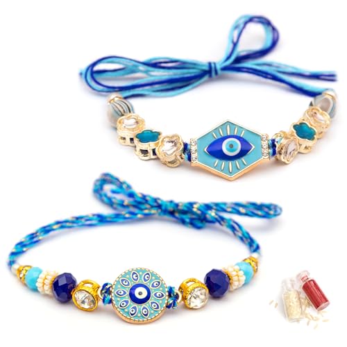 Image of To The Nines Evil Eye Rakhi for Brother with Tilak Material & Greeting Card - Set of 2 Rakhi