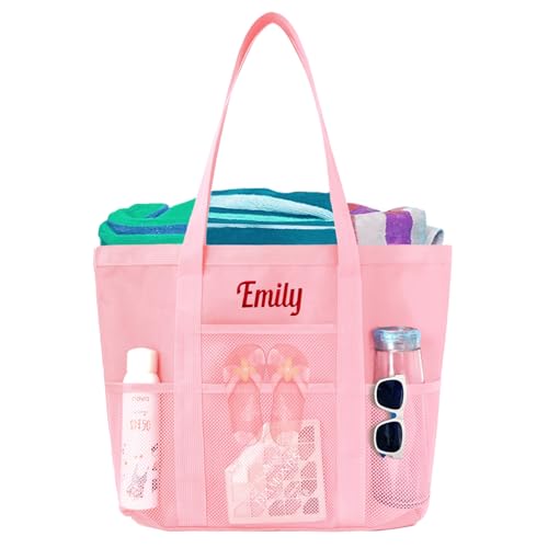 Custom Beach Bag with Embroidered Name,Personalized Mesh Tote Bag Pool Vacation Sandproof Foldable for Girls Women