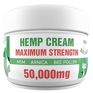 Pure Wellness Hemp Cream Maximum Strength 50,000 mg with MSM, Arnica & Bee Pollen – 4 Oz, Fast-Acting Relief & Soothing Recovery from Joint, Muscle, Shoulder, Back, Knee and Nerve Discomfort – 1 Pack