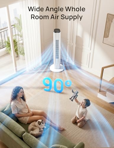 Image of ZAFRO Tower Fan for Bedroom, 28dB Quiet Floor Fan with 6 Speeds, 4 Modes, Remote, 90 Oscillation & 12H Timer 37 inch Standing Fan for Home, Living Room & Office, Matte-White