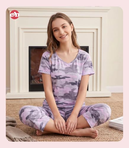 Image of ENJOYNIGHT Womens Pajama Sets Cotton Pj Set Short Sleeve Top With Capri Pants Sleepwear 2 Piece Lounge Set