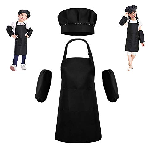 Seatery 4PCS Kids Apron Set, Chef Hat Apron and Sleeves, Preschool Apron Kits, Boys Girls Aprons for Kitchen Cooking Baking Painting Wear