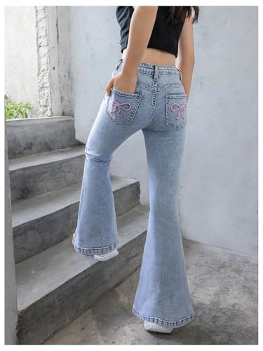 Floerns Girl's Cute Bowknot Embroidery Jeans Kids Flare Leg Denim Pants4